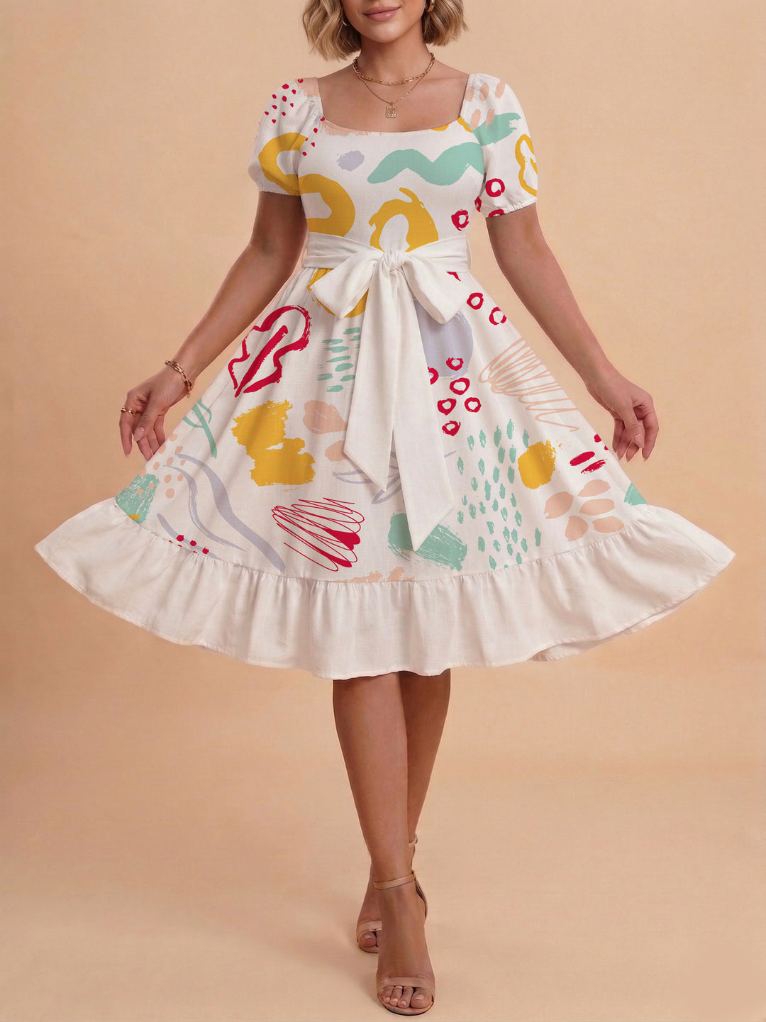 Damen Sommerkleid mit floralem Puffärmel und taillierbarem Gürtel R&B