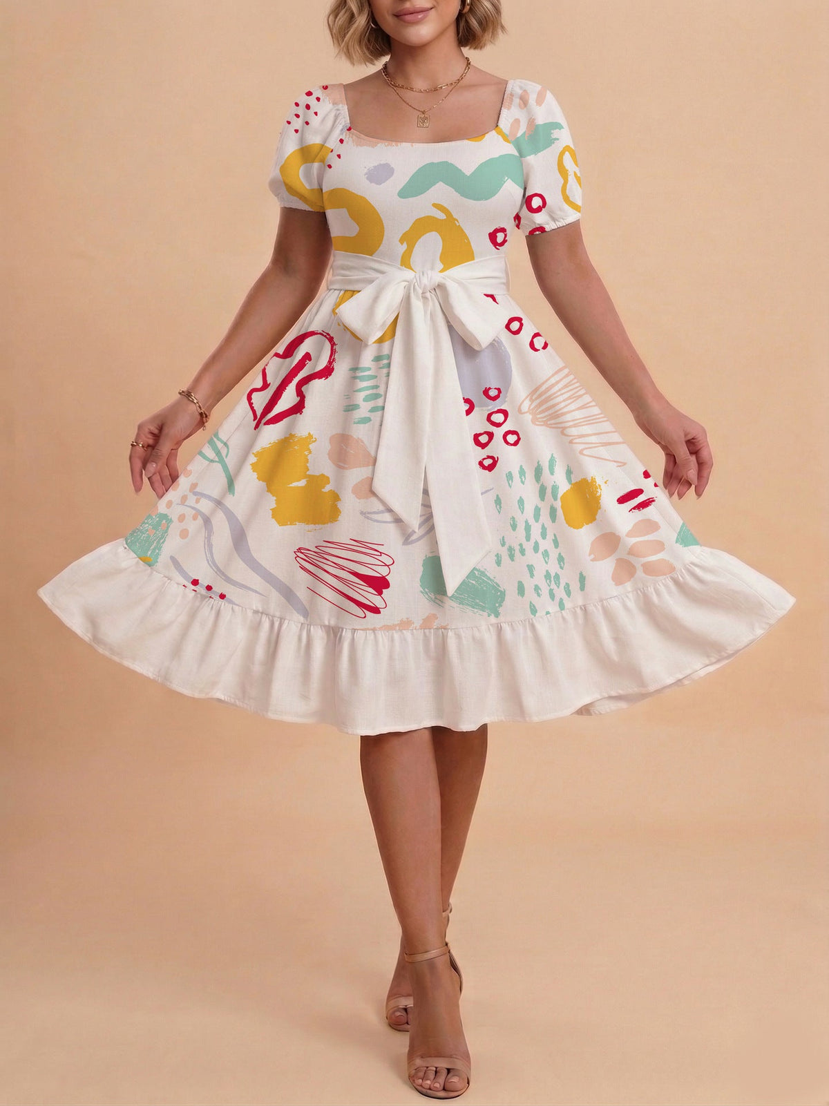 Damen Sommerkleid mit floralem Puffärmel und taillierbarem Gürtel EB