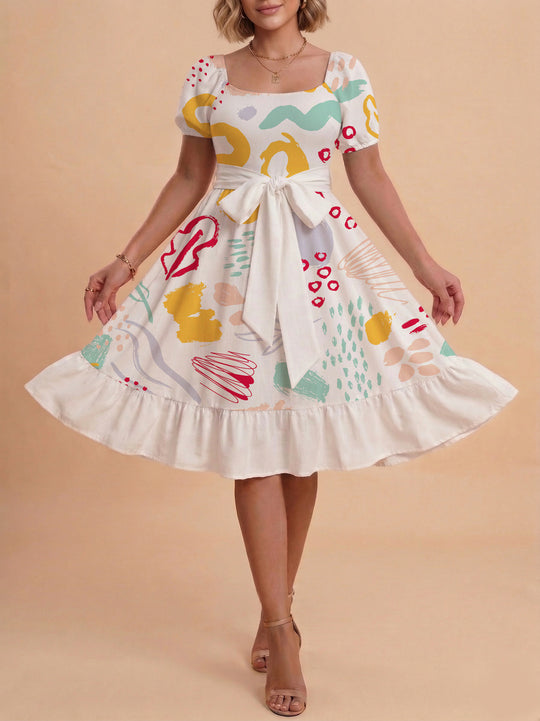 Damen Sommerkleid mit floralem Puffärmel und taillierbarem Gürtel R&B