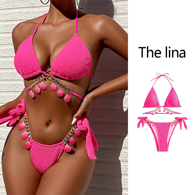 Damen Triangel-Bikini mit fransenförmigen Akzenten und funkelnden Kettenverzierungen