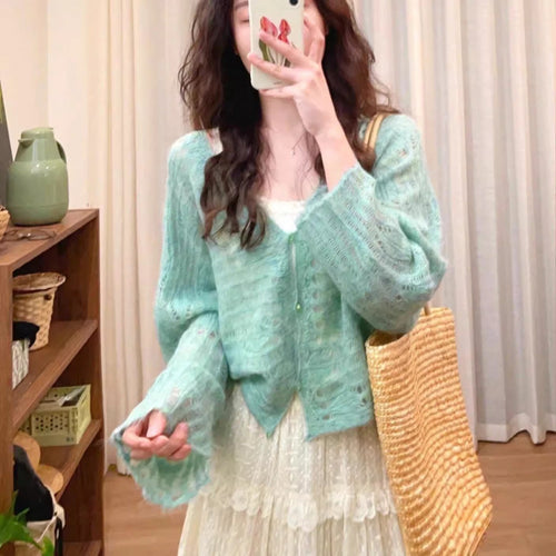 Damen luftiger Strickcardigan mit feiner Lochmusterstruktur und weitem Schnitt R&B