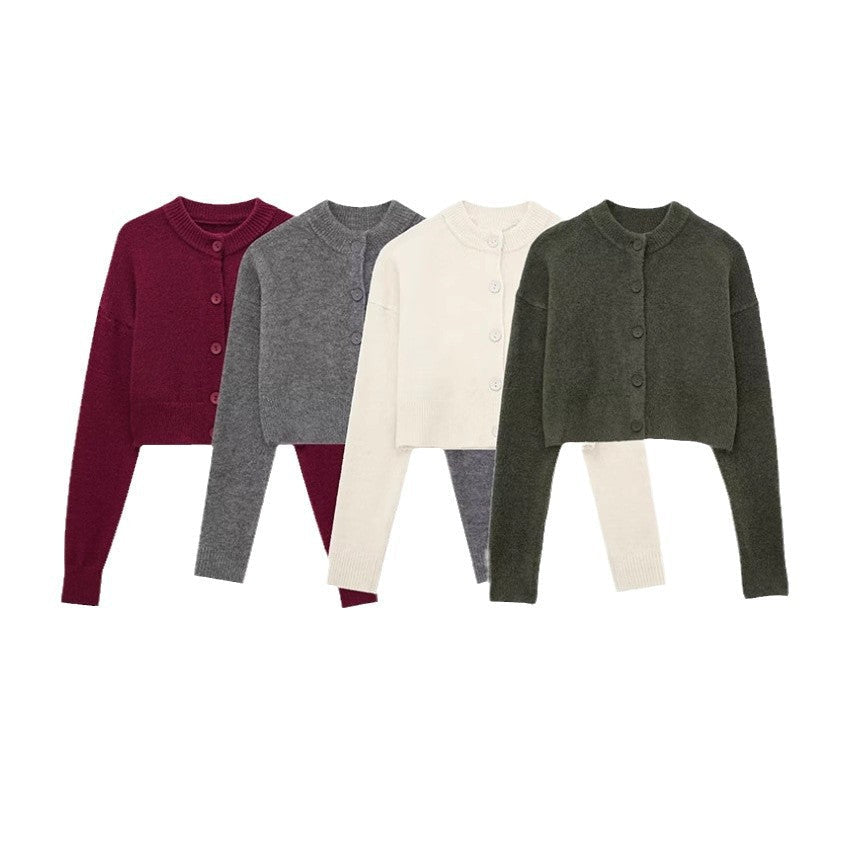 Damen Kurze Strickjacke mit Knopfleiste und Elegantem Rundhalsausschnitt R&B