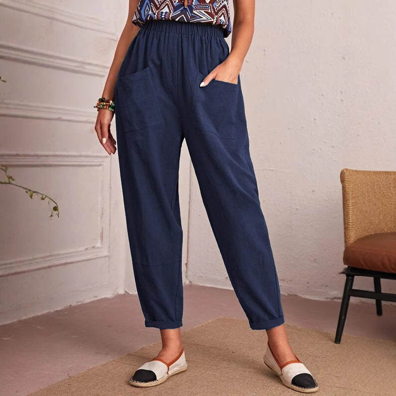 Damen lockere Komfort-Hose mit elastischem Bund und großen Taschen R&B