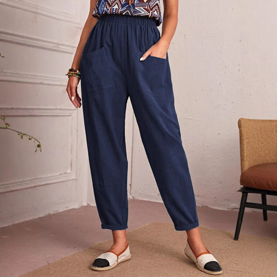 Damen lockere Komfort-Hose mit elastischem Bund und großen Taschen R&B