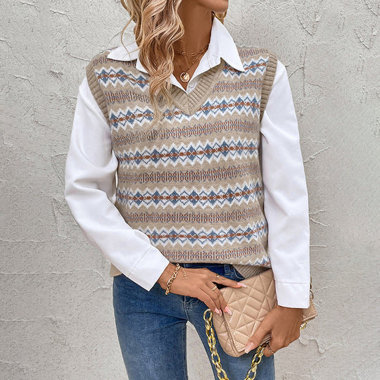 Damen Strickweste mit V-Ausschnitt und modischem Muster R&B