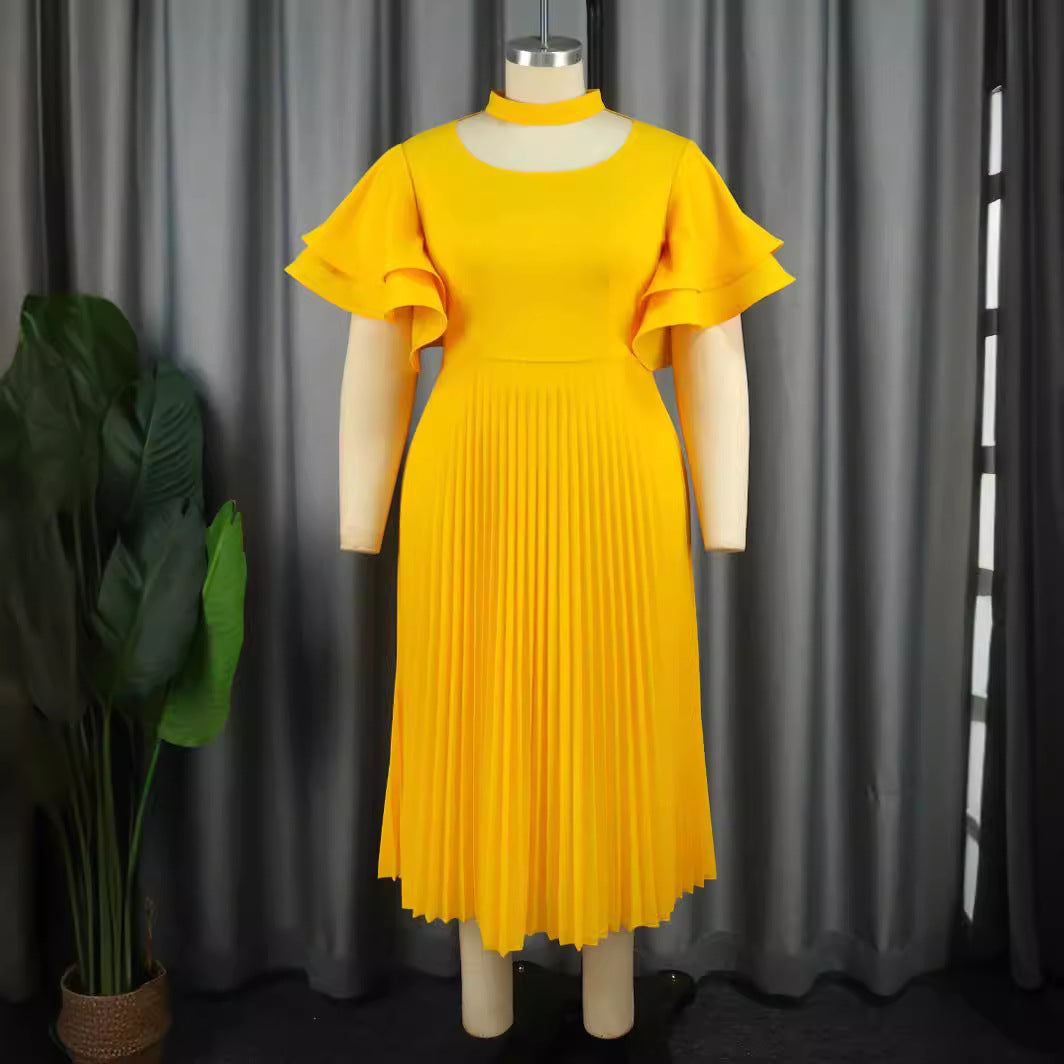 Damen Plissee Maxikleid mit Choker und voluminösen Ärmeln R&B