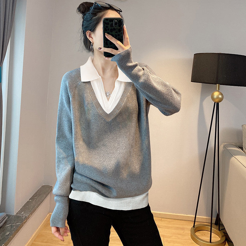 Damen V-Ausschnitt Pullover im Layering-Stil mit kragen R&B