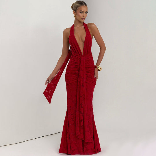 Damen Elegantes Maxikleid mit tiefem V-Ausschnitt und strukturierter Raffung R&B