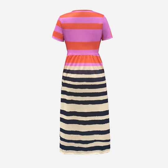 Damen Maxikleid mit tiefem V-Ausschnitt und modischem Streifenmuster R&B