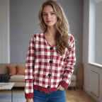 Damen lässige Strickjacke mit kräftigem Karomuster und modischen Knopfdetails R&B