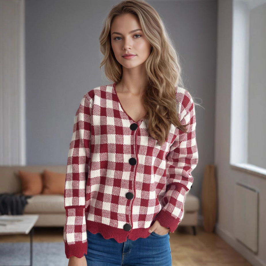 Damen lässige Strickjacke mit kräftigem Karomuster und modischen Knopfdetails R&B