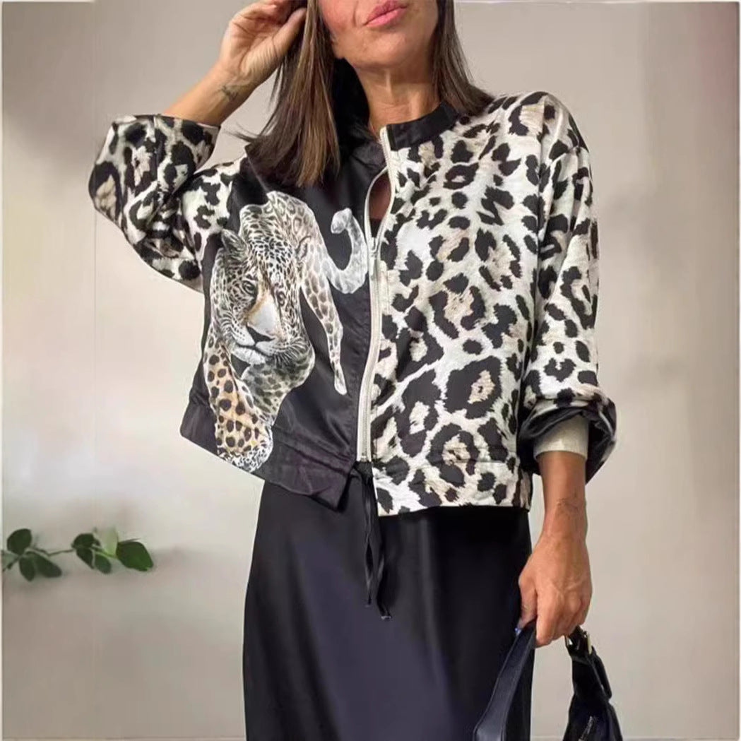 Damen entspannte Bomberjacke mit extravagantem Leoparden-Motiv R&B