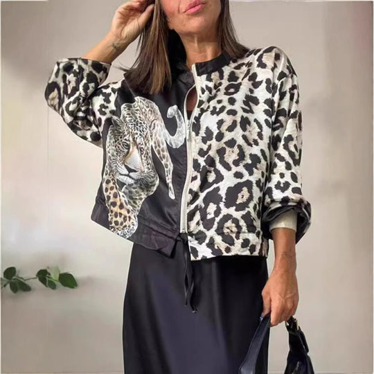 Damen entspannte Bomberjacke mit extravagantem Leoparden-Motiv R&B