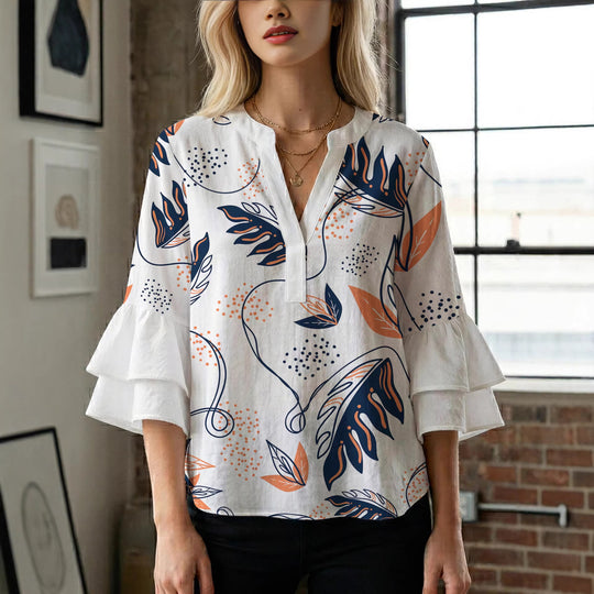 Damen Elegantes Oberteil mit voluminösen Rüchenärmeln und floralem Druck R&B