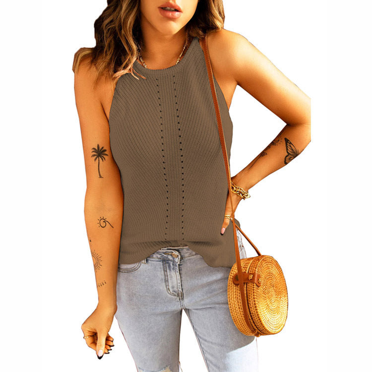 Damen ärmelloses Stricktop mit Rippstruktur und dekorativem Lochmuster R&B