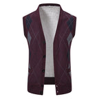 Herren nan ärmellose Strickweste mit Argyle-Muster, Teddyfutter und durchgehender Knopfleiste R&B