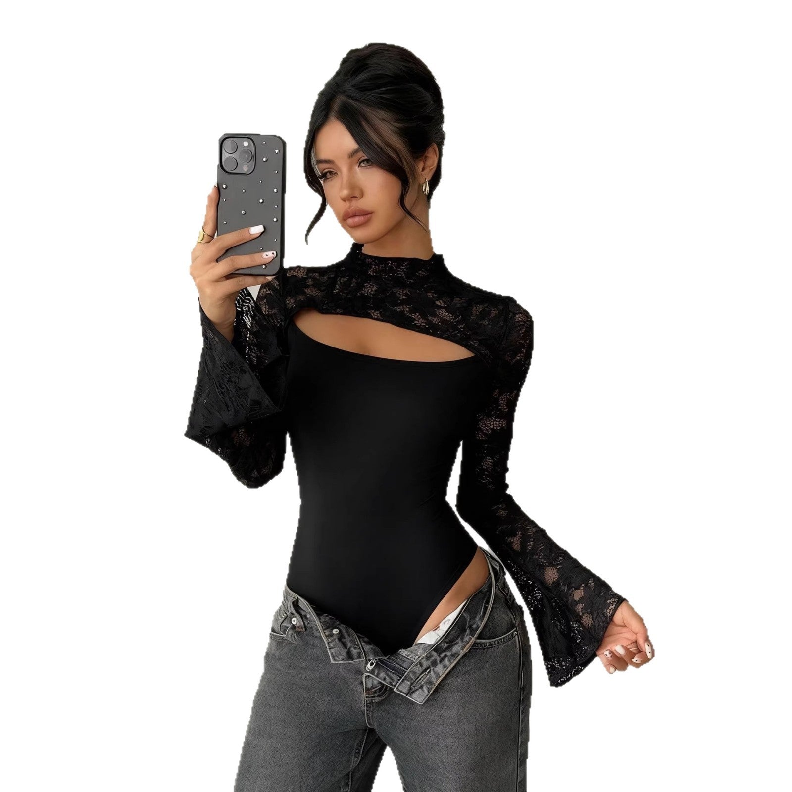 Damen Body mit transparenten Spitzenärmeln und R&Brnem Cut-Out R&B