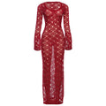 Damen Strickmaxikleid mit langen Ärmeln und großflächigem Häkelmuster R&B