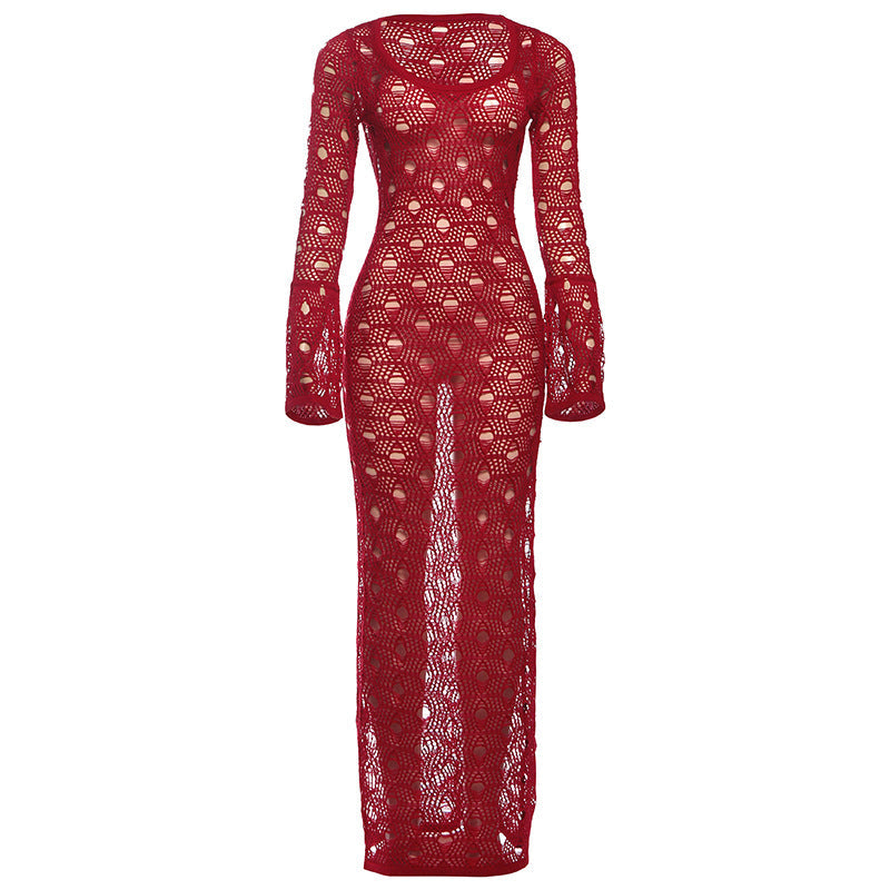 Damen Strickmaxikleid mit langen Ärmeln und großflächigem Häkelmuster R&B