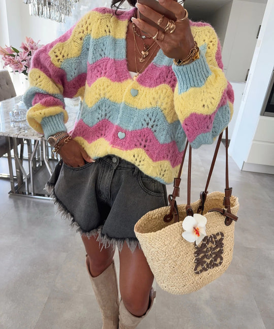 Damen gemütlicher Strickcardigan mit Wellenmuster R&B