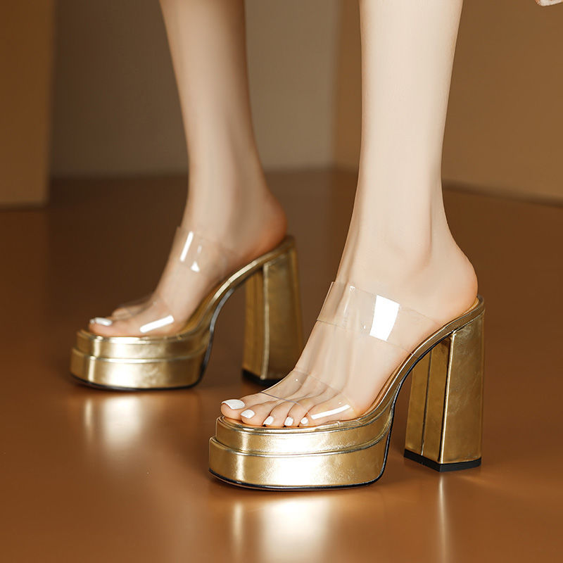 Damen elegante Plateau Mules mit transparentem Riemen R&B