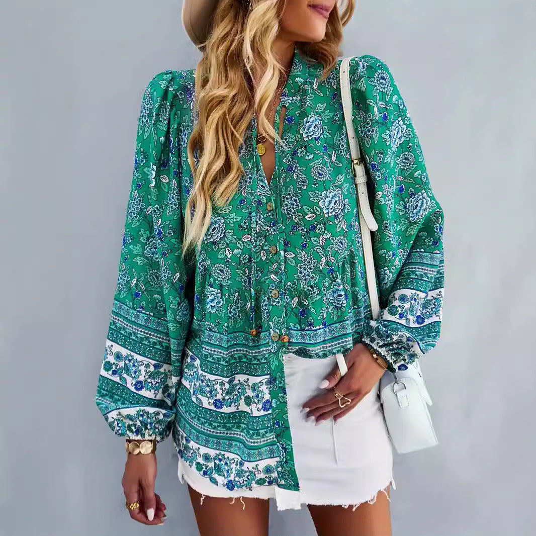 Damen Blusentop mit buntem Blumenmuster und Volantärmeln R&B