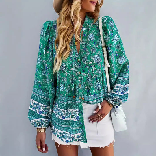 Damen Blusentop mit buntem Blumenmuster und Volantärmeln R&B