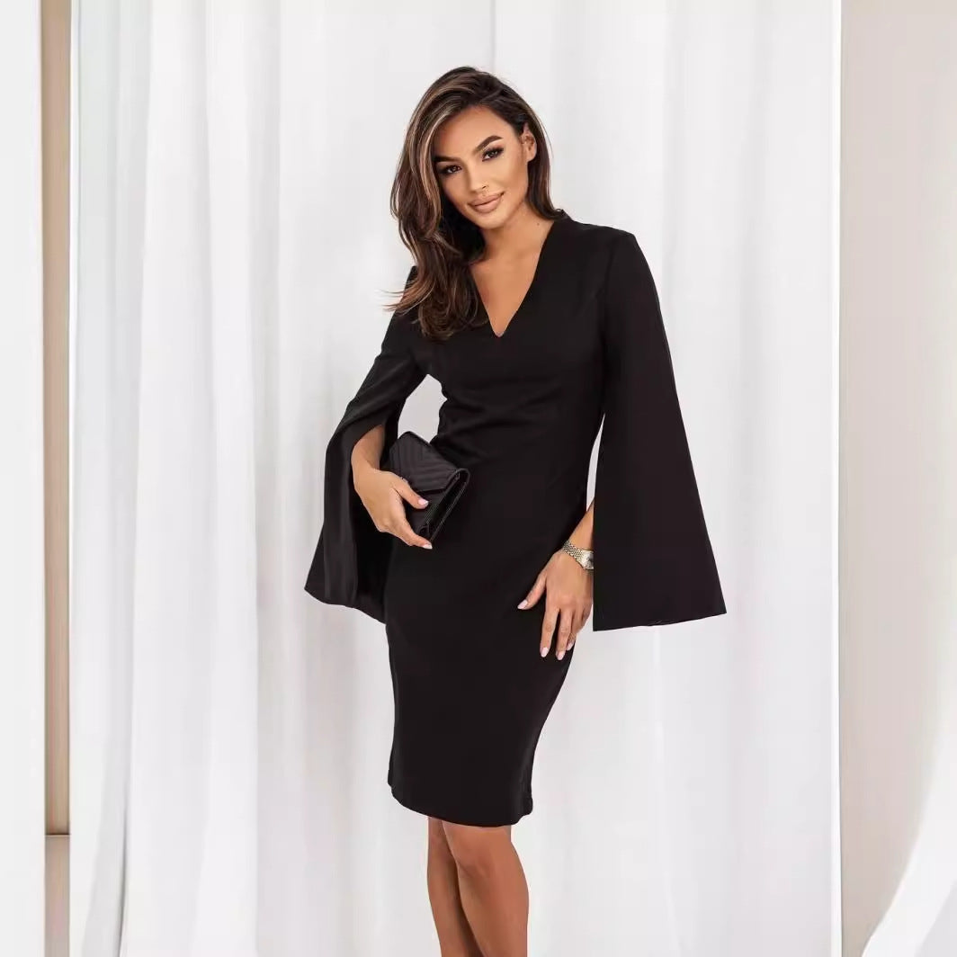 Damen Elegant geschnittenes Wickelkleid mit auffälligen Trompetenärmeln und V-Ausschnitt R&B