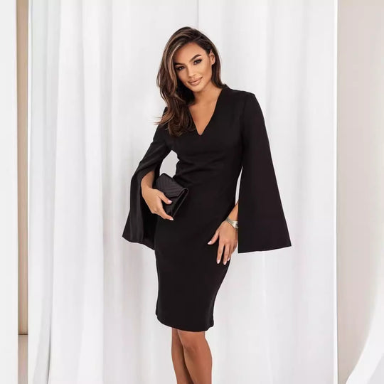 Damen Elegant geschnittenes Wickelkleid mit auffälligen Trompetenärmeln und V-Ausschnitt R&B
