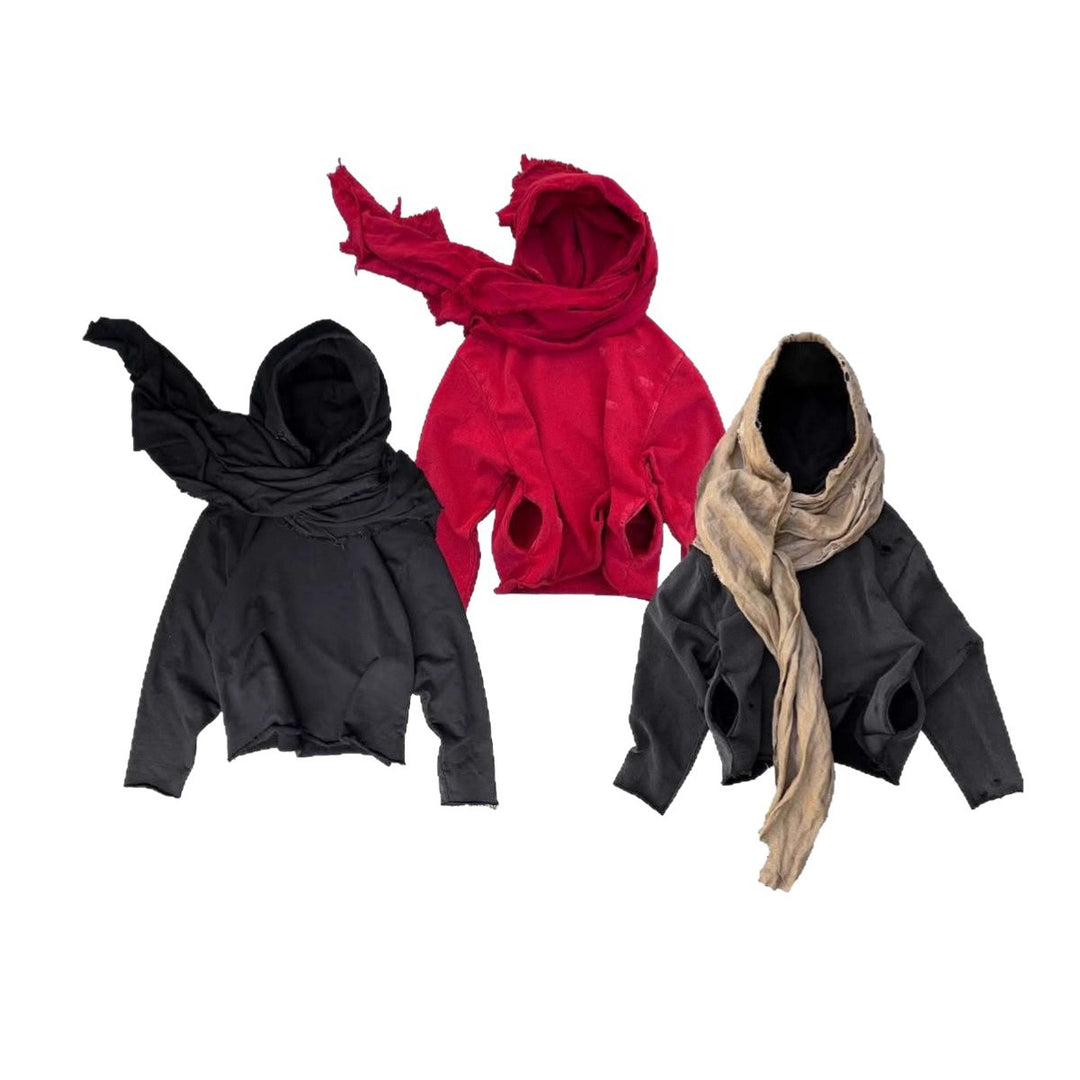 Unisex nan Kapuzenpullover im Gebrauchsspurenstil mit angeschlossenem Schlauchschal und ausgefransten Öffnungen R&B