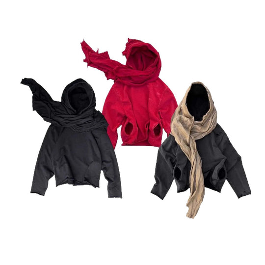 Unisex nan Kapuzenpullover im Gebrauchsspurenstil mit angeschlossenem Schlauchschal und ausgefransten Öffnungen R&B