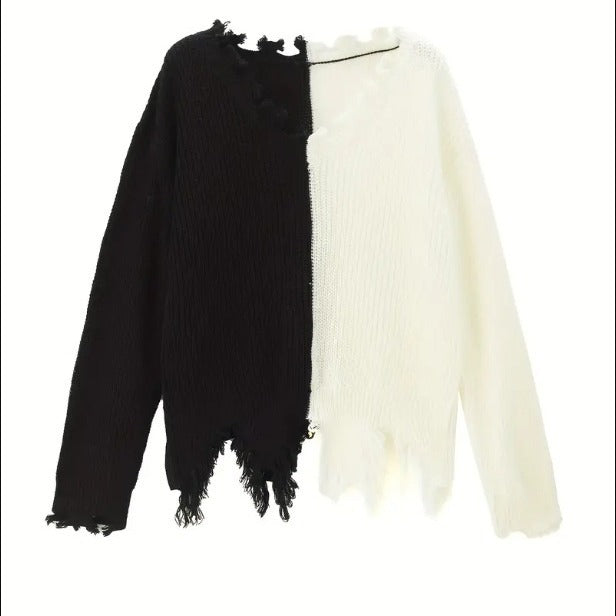 Damen Lässiger Strickpullover mit asymmetrischem Design und Fransen R&B