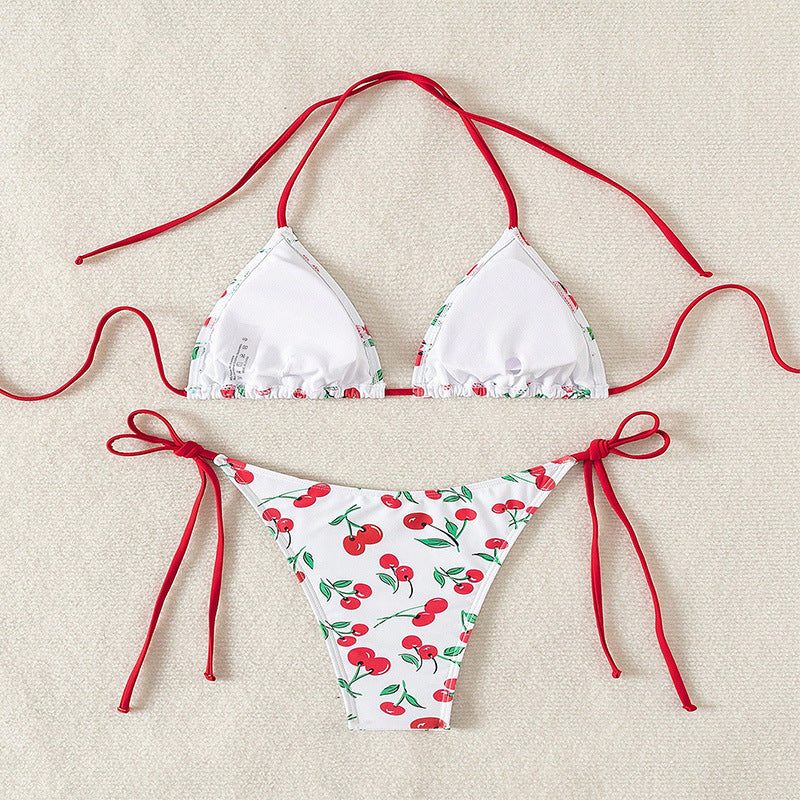 Damen Triangel-Bikini mit fröhlichem Kirschdesign und verstellbaren BindR&Bändern R&B