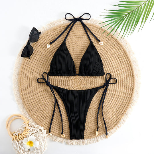 Damen Triangel-Bikini-Set mit verstellbaren Schnürdetails und gekräuseltem Design R&B