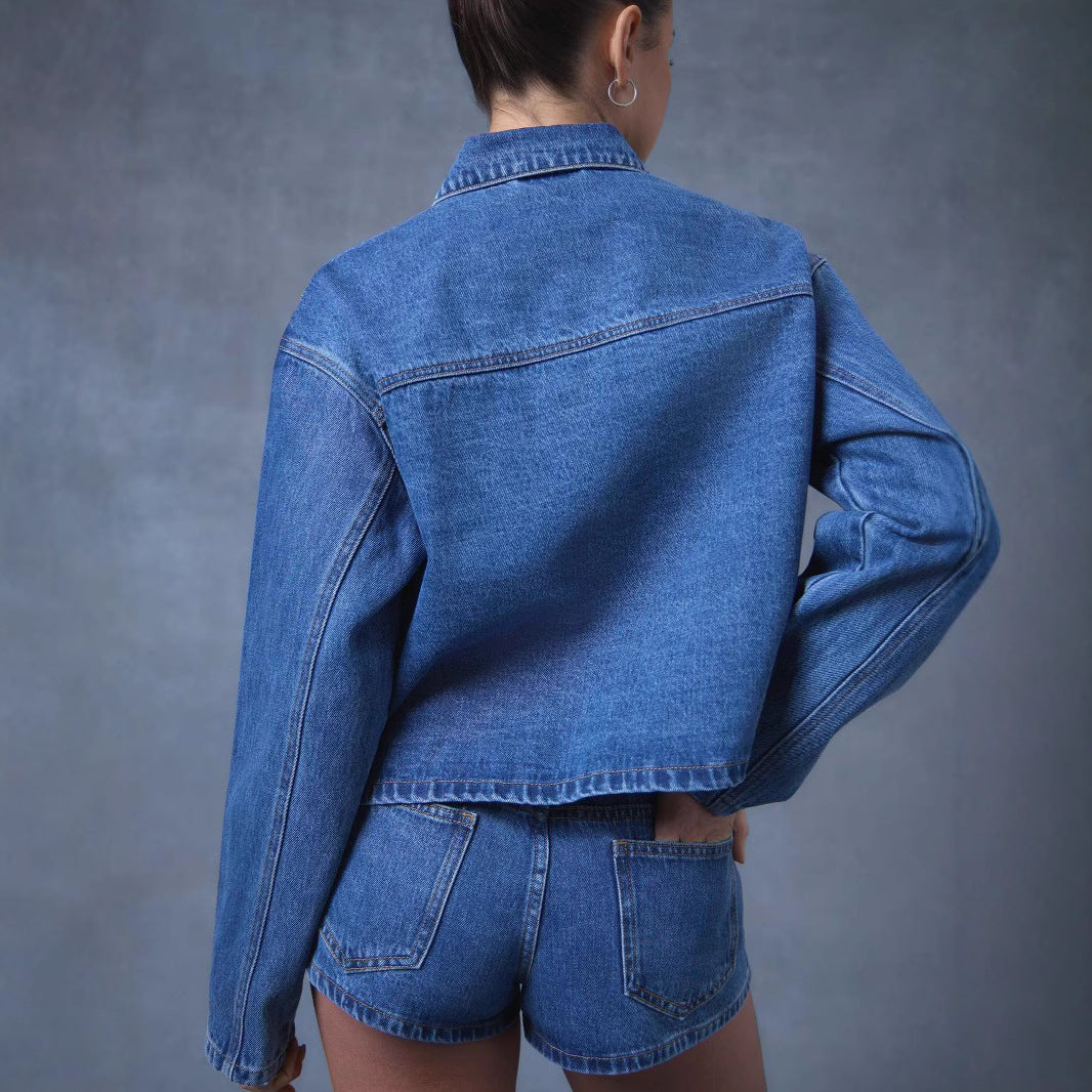 Damen Modernes Denim-Jackett mit Bindegürtel R&B