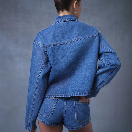 Damen Modernes Denim-Jackett mit Bindegürtel R&B
