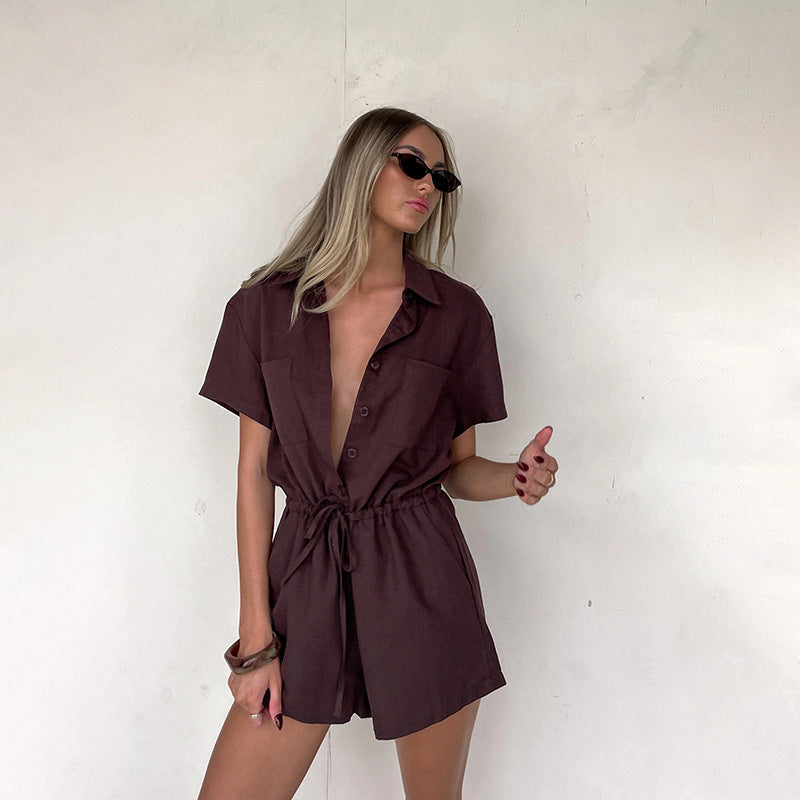 Damen lässiger Kurzarm-Jumpsuit mit Taillierung R&B