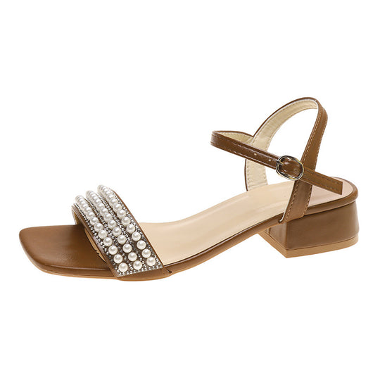Damen elegante Sandalen mit Perlenverzierung und niedrigem Blockabsatz R&B
