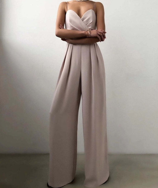 Damen eleganter Jumpsuit mit tiefem V-Ausschnitt und weiten Beinen R&B