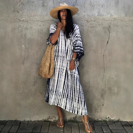 Damen Strandkleid mit buntem Batikdesign und weit geschnittenen Ärmeln R&B