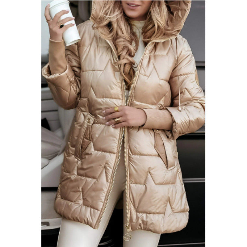 Damen Longline Steppjacke mit abnehmbarem Kapuzenfutter und seitlichen Reißverschlusstaschen R&B