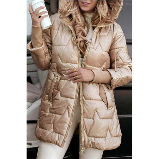 Damen Longline Steppjacke mit abnehmbarem Kapuzenfutter und seitlichen Reißverschlusstaschen R&B