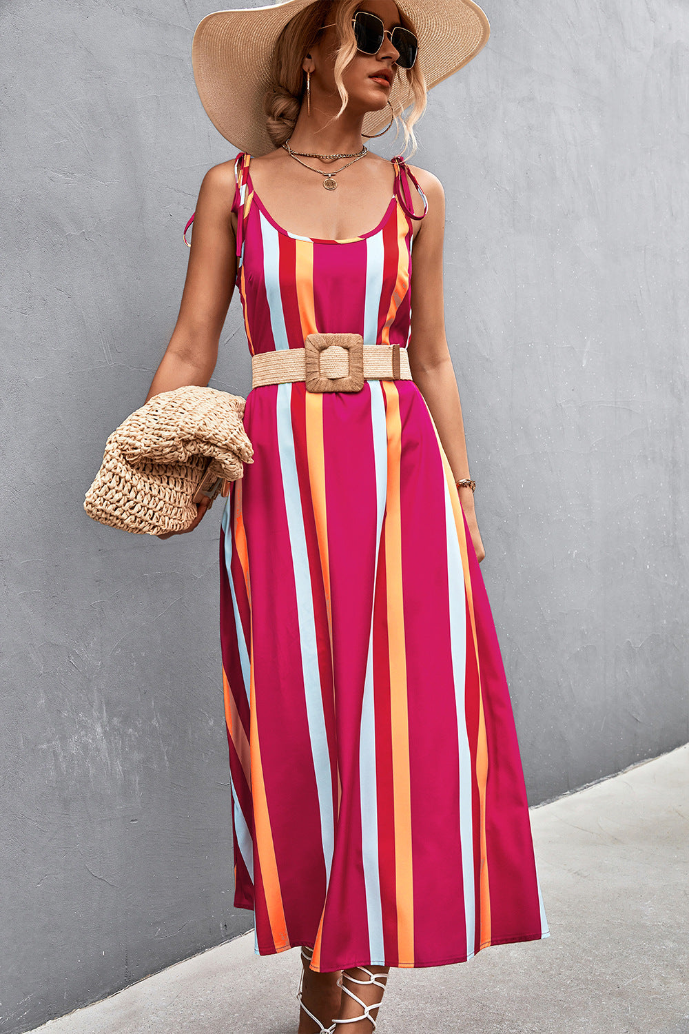 Damen Maxikleid mit modischen Streifen und taillierendem Gürtel R&B