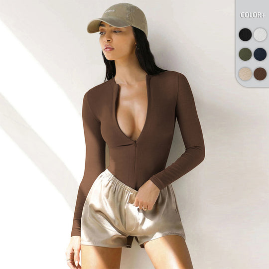 Damen Figurbetonte Bodysuit mit tiefem V-Ausschnitt R&B
