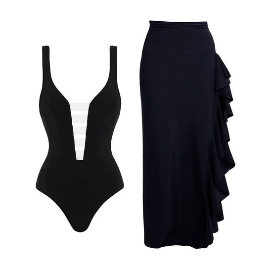 Damen Badeanzug mit modischem Off-Shoulder Design und eleganter Rüschen-Maxiröhre R&B