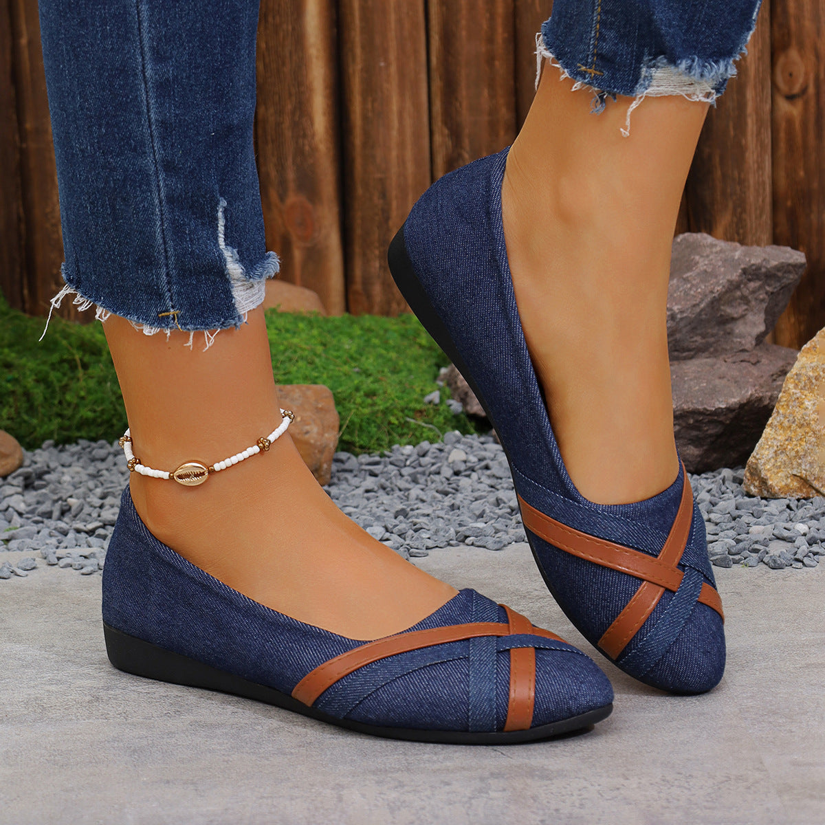 Damen Ballerinas aus Denim mit eleganten Lederapplikationen R&B