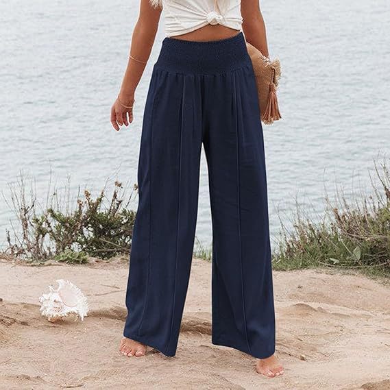 Damen weite und elegante Palazzo-Hose mit hohem Bund und Faltenwurf R&B