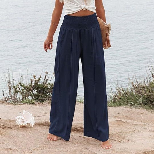 Damen weite und elegante Palazzo-Hose mit hohem Bund und Faltenwurf R&B
