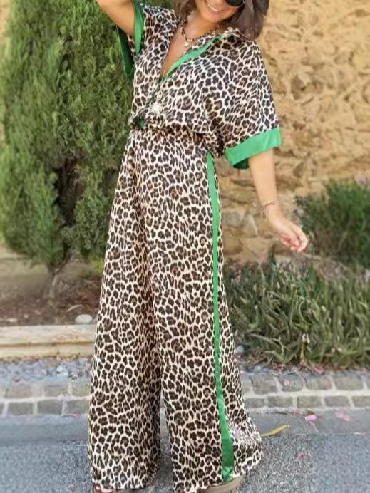 Damen eleganter Leoprint-Jumpsuit mit weiten Beinen und lockerer Passform R&B