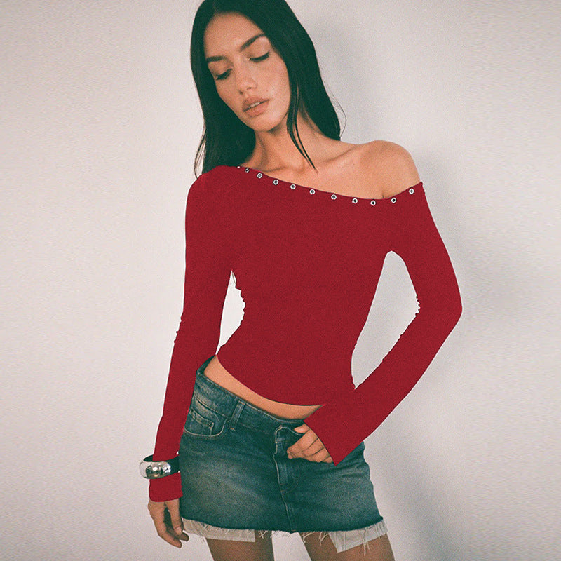 Damen Off-Shoulder Oberteil mit modischen Knöpfen und figurbetontem Schnitt R&B
